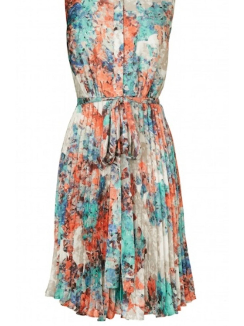 LK Bennett Coral & Aqua Floral Pleated Tie-Waist Midi Dress